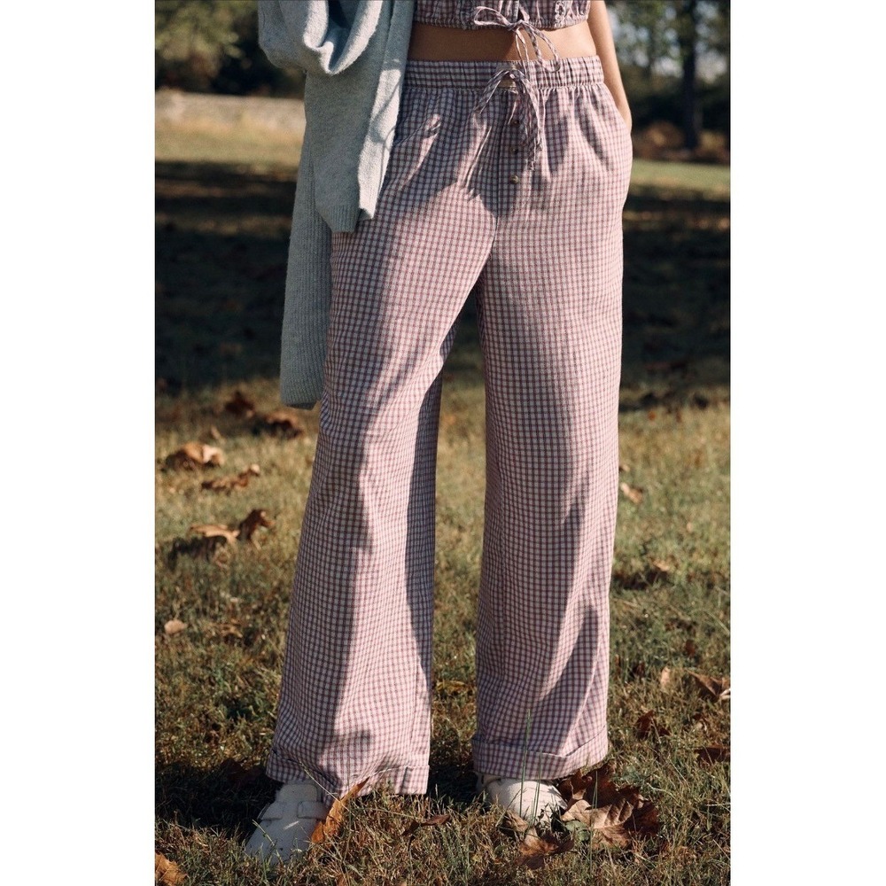 Lyre Bird Gingham Wide Leg Lounge Pants Purple Blue Lace Heart Back Pocket Large